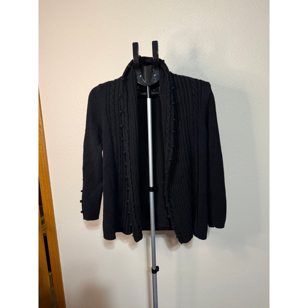 Rafaella Black Cable Knit Pom Pom Shawl Collar Open Front Cardigan Sweater Small